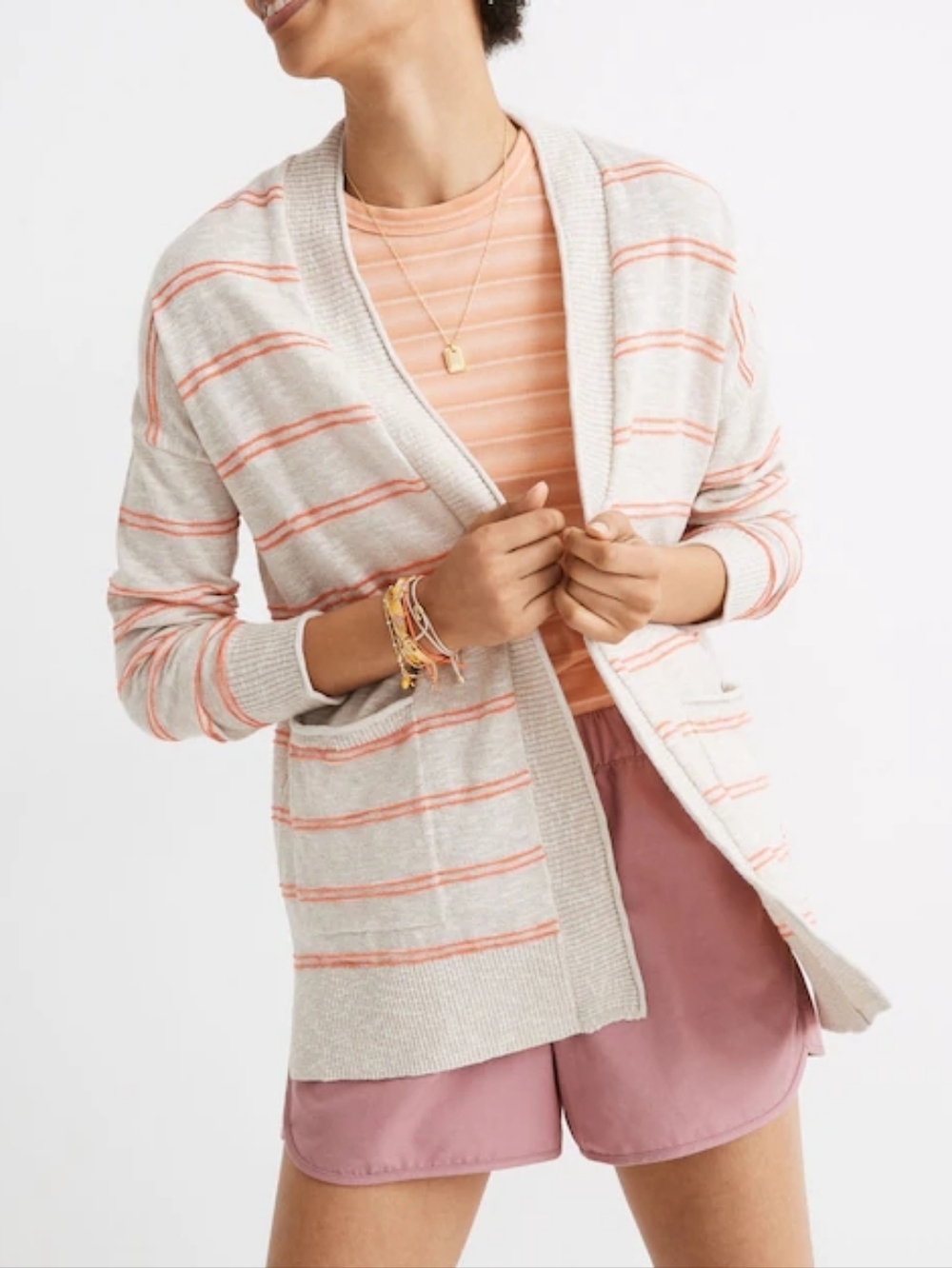 Madewell Bradley Tan Beige Striped Open Longline Ribbed Knit Cardigan Sweater